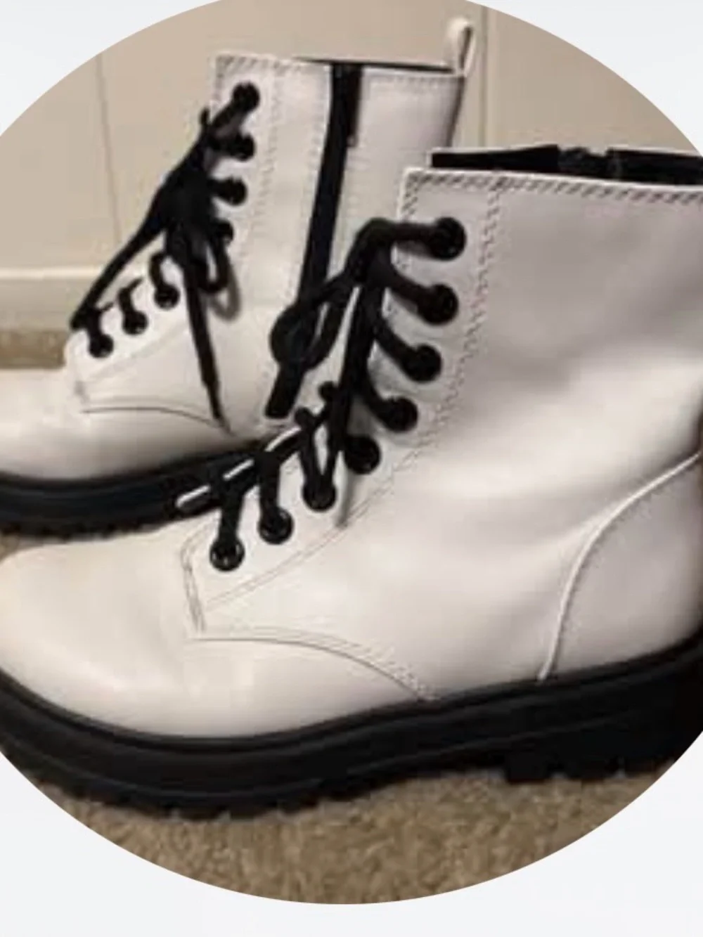 Youth White Lace-Up Combat Boots with Black Soles
